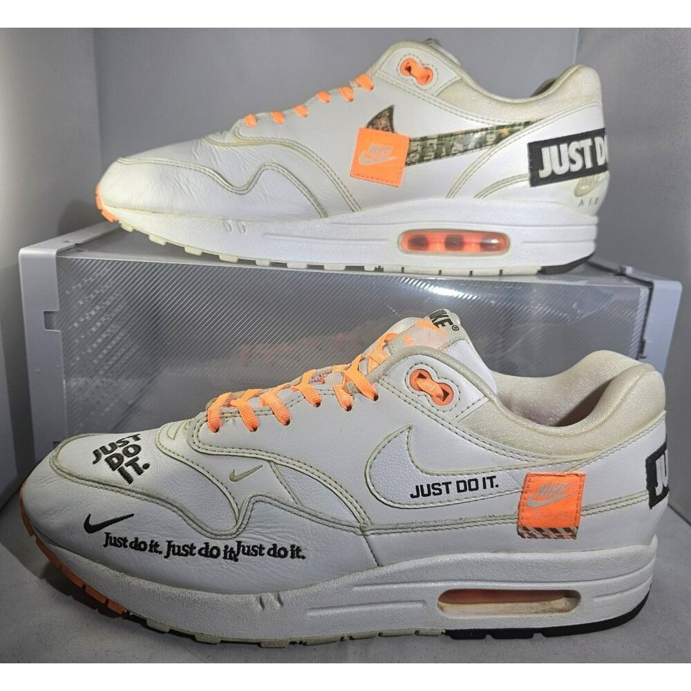 Nike Men's Air Max 1 "JUST DO IT"  White/Orange/Black Sneakers Size 11.5